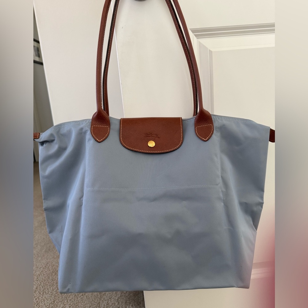 Longchamp Le Pliage large tote, light blue/grey color
